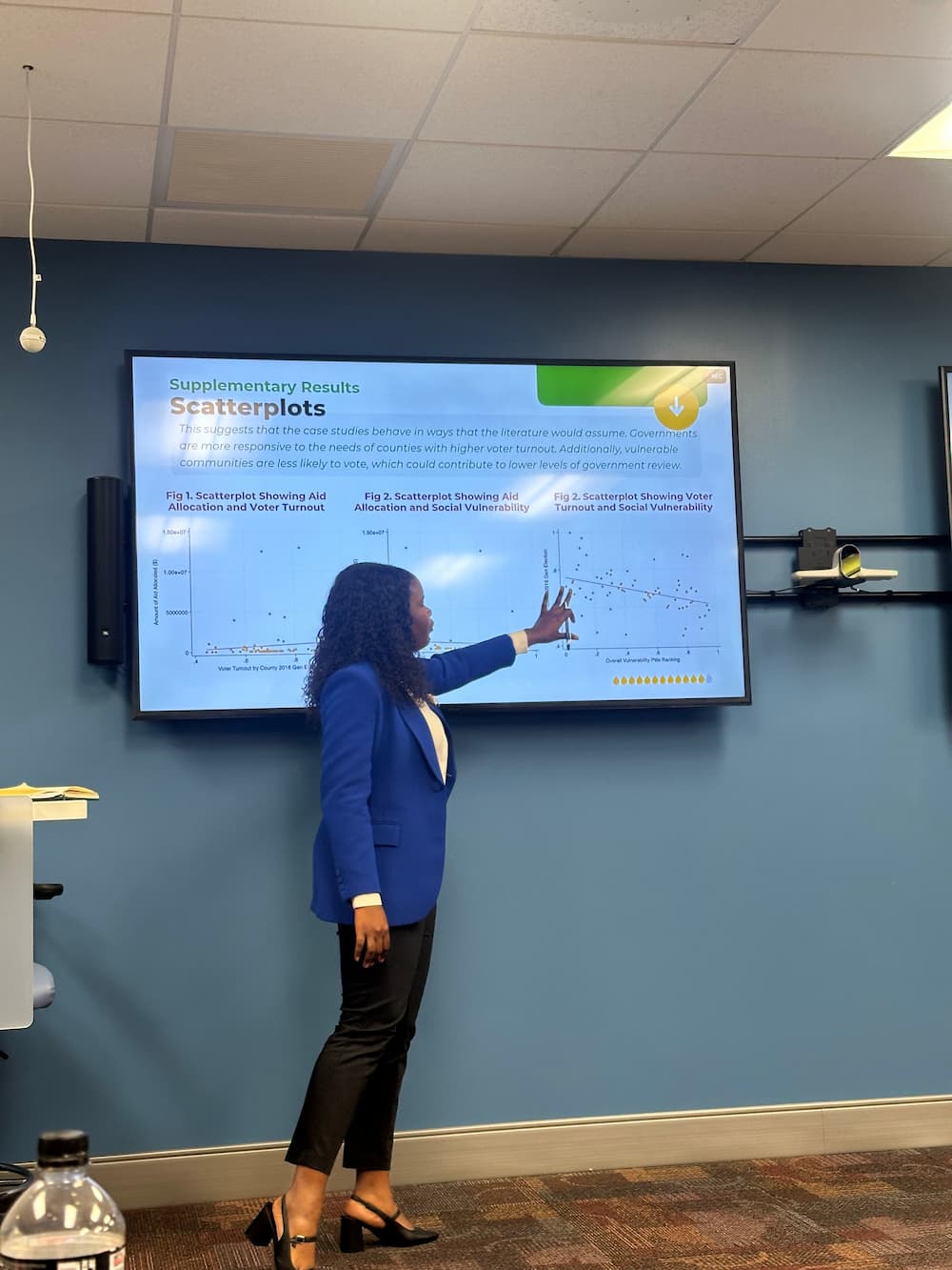 Dominique Williams presenting a slideshow with graphs. 