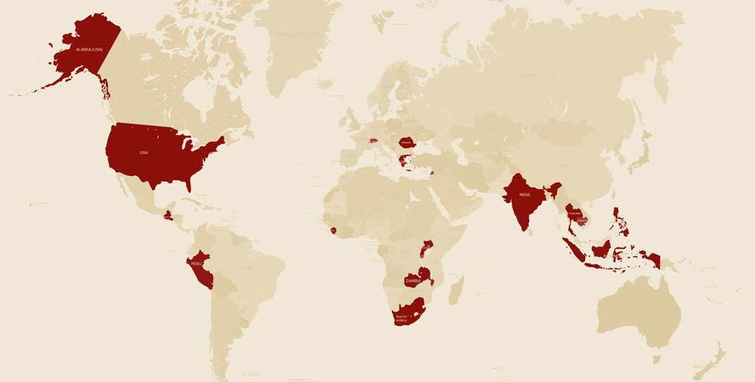 Map of continents marked by student work locations