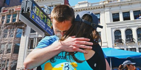 Patrick Downes and Jessica Kensky at the Boston Marathon finish line in 2016 (Maddie Meyer / Getty Images)