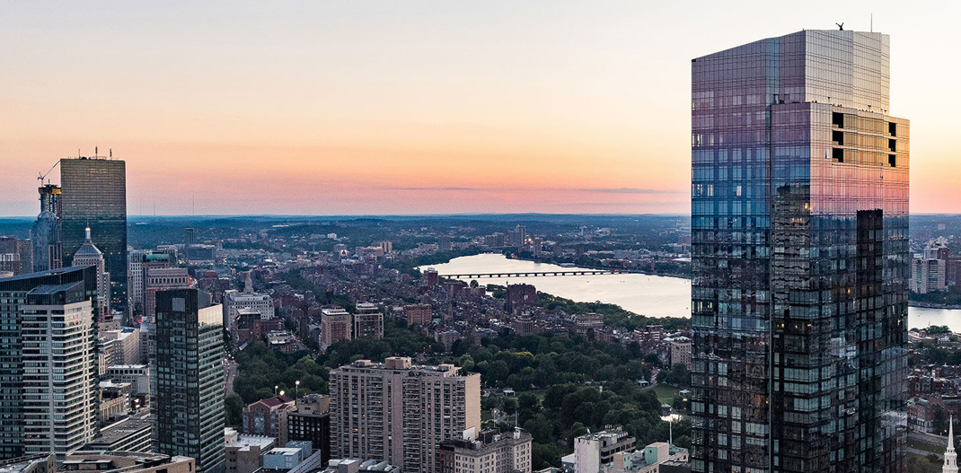 aerial sunset shot of downtown Boston