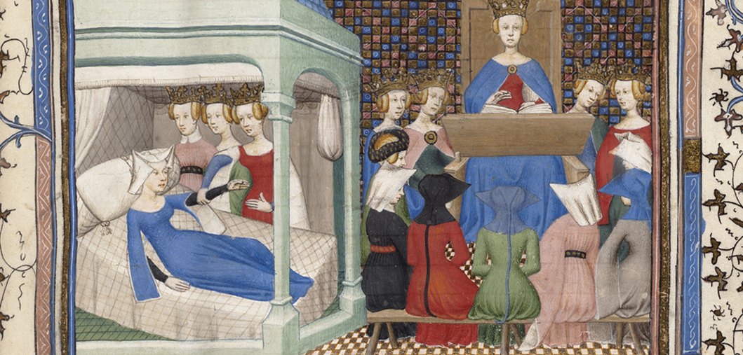 Christine de Pizan awakened by Reason, Rectitude and Justice (detail) | F. 1r from Christine de Pizan’s Le Livre des trois Vertus | Paris, France c. 1405 | Boston Public Library, MS f Med. 101