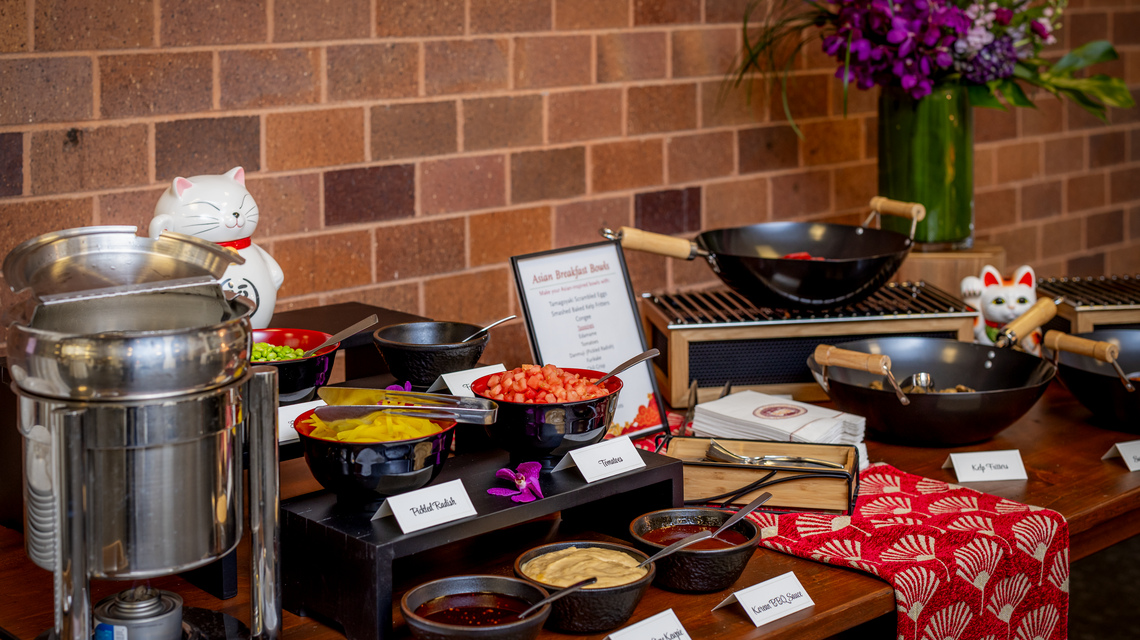 March 26, 2025 -- Boston College Dining Services catering demonstration held in the Walsh Hall Function Room to highlight catering menu options available for University faculty and staff dining events.