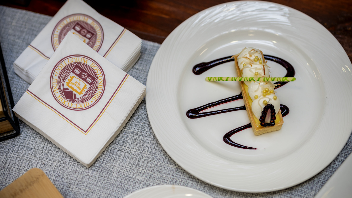 March 26, 2025 -- Boston College Dining Services catering demonstration held in the Walsh Hall Function Room to highlight catering menu options available for University faculty and staff dining events.