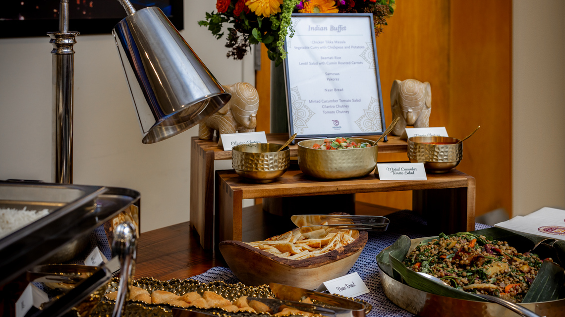 March 26, 2025 -- Boston College Dining Services catering demonstration held in the Walsh Hall Function Room to highlight catering menu options available for University faculty and staff dining events.