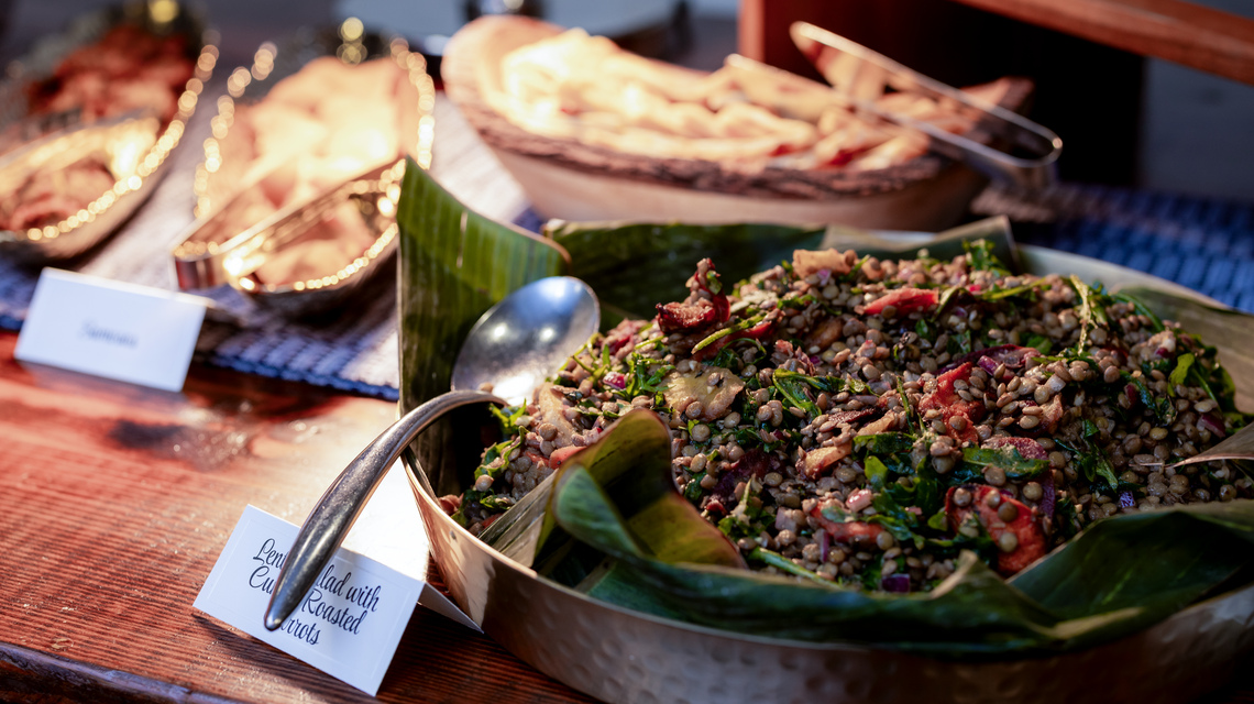 March 26, 2025 -- Boston College Dining Services catering demonstration held in the Walsh Hall Function Room to highlight catering menu options available for University faculty and staff dining events.