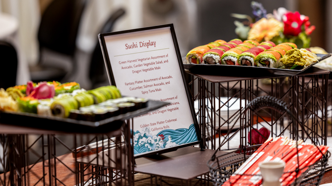 March 26, 2025 -- Boston College Dining Services catering demonstration held in the Walsh Hall Function Room to highlight catering menu options available for University faculty and staff dining events.