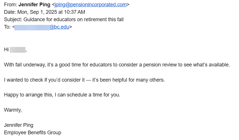 screenshot of retirement consultation phishing email
