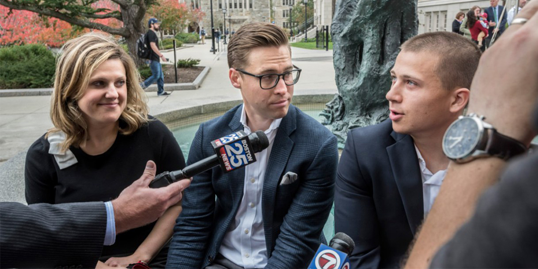 Jack Manning, CSOM ’20, being interviewed with microphones in front of him