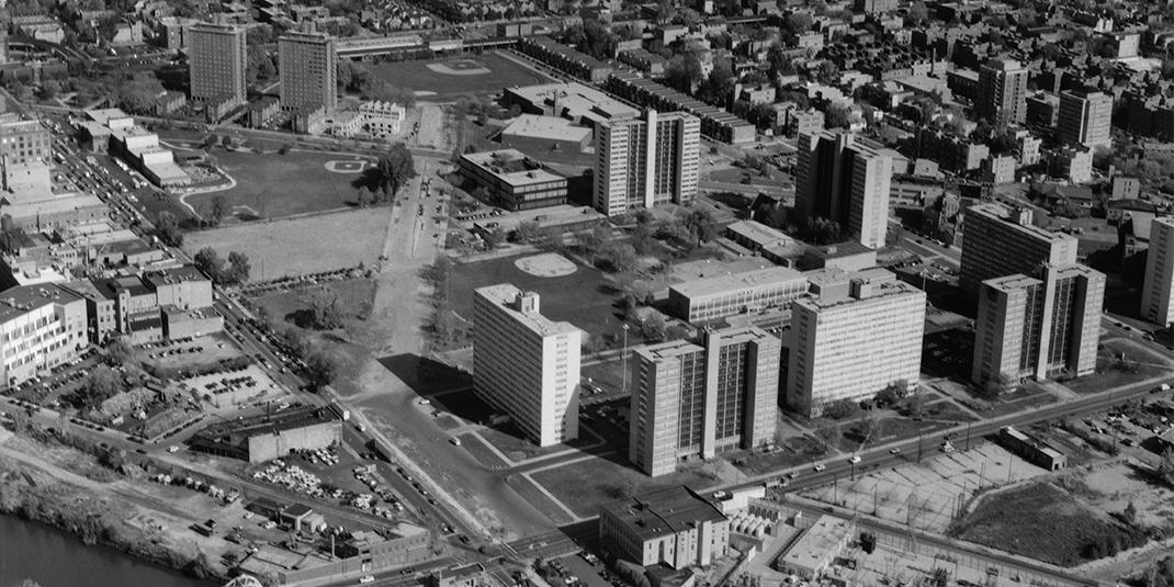 black and white photo of high rise buildings