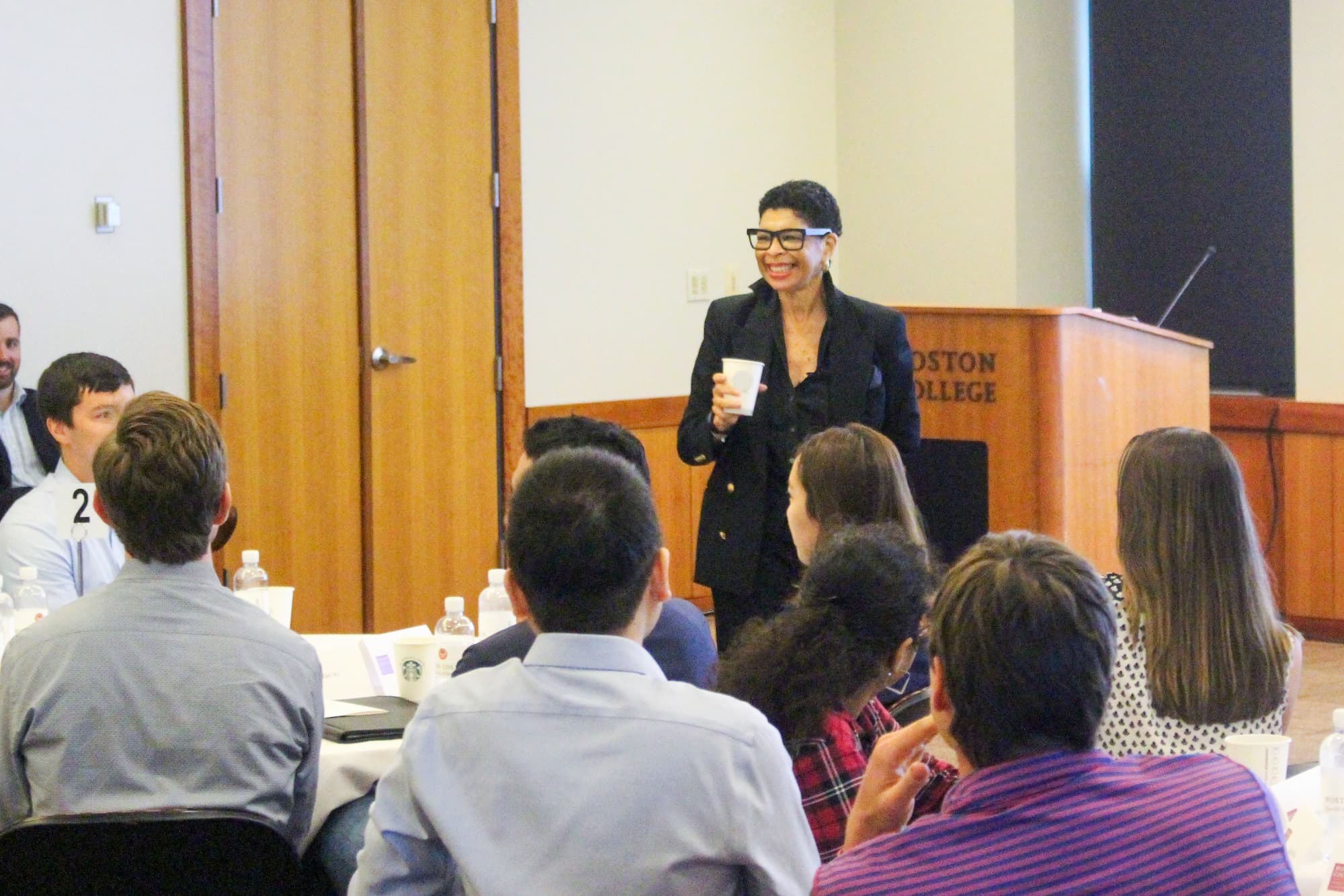 Carol Fulp speaking to a room of students