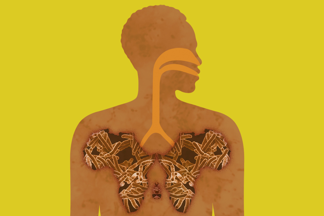 Silhouette of person with lungs shaped like the continent of Africa filled with TB bacteria