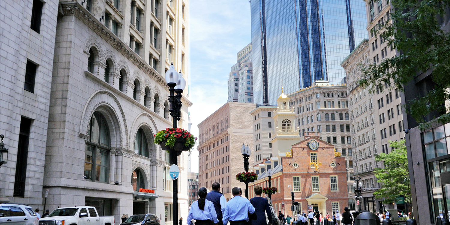 A group from BC walking in downtown Boston.