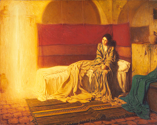 Henry Ossawa Tanner painting ‘The Annunciation’ with Mary sitting on a bed and the angel as a beam of light
