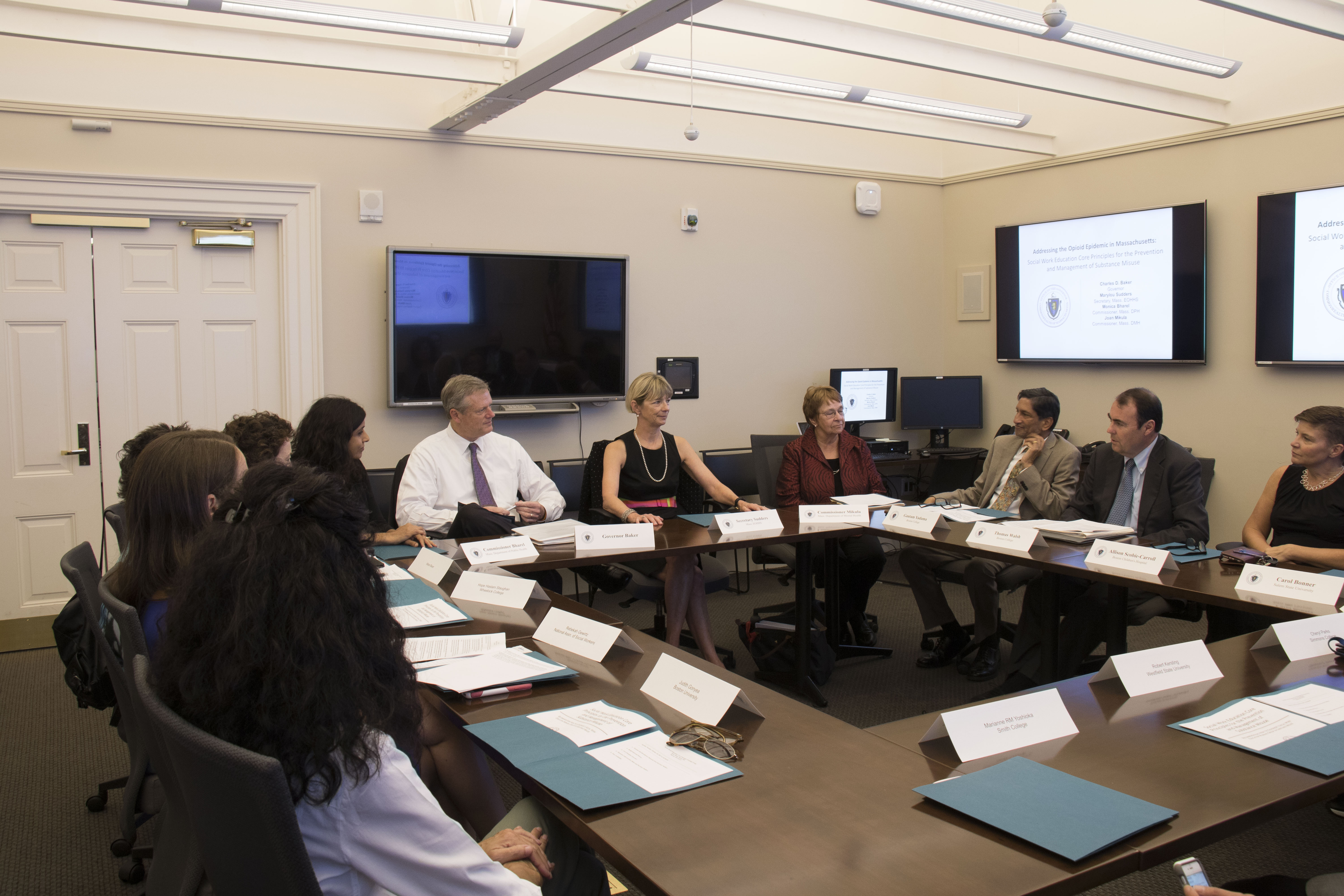 Walsh and Yadama visit with Governor Charlie Baker, Secretary Marylou Sudders.