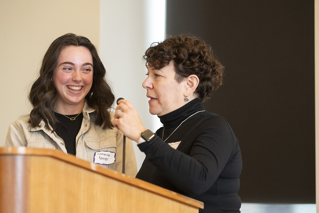 Kate Barner and Sheryl Olshin discuss their professional relationship at the Mary Mason Appreciation Breakfast.
