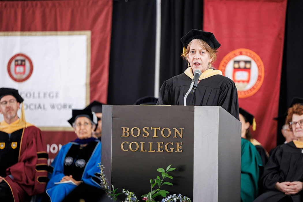 Rachael Dietkus, a designer, clinical social worker, and certified trauma specialist, speaks at BCSSW's diploma ceremony.