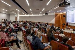 Michael McDannald, Associate Professor of Psychology and Neuroscience, teaching, "Behavioral Neuroscience" in auditorium 107.