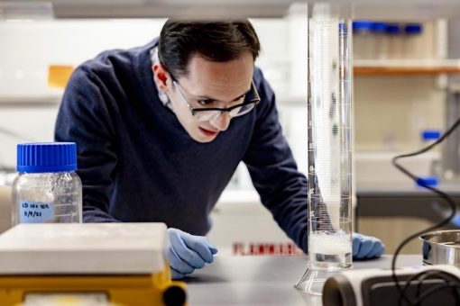 Postdoctoral Fellow, Luke Perreault, PhD, working in the laboratory on decellularized spinach leaves as scaffolds for cell growth.