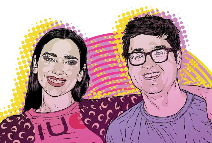 Colorful illustration of Dua Lipa and Brennan Carley ’13 