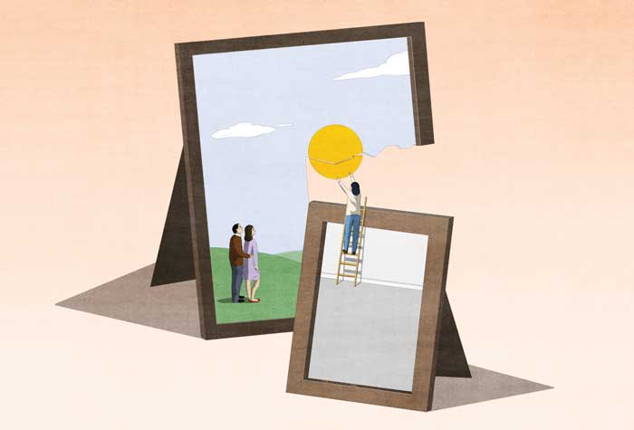 Illustration of two picture frames with a couple in one and a caregiver in another repairing the sun