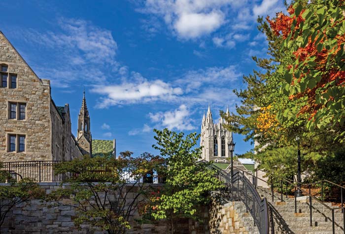 Devlin Hall and Gasson Hall from the landing by Higgins Hall