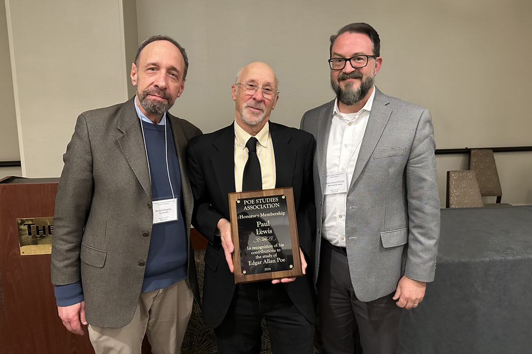 BC Professor Emeritus of English Paul Lewis receives honorary membership in the Poe Studies Association. Left-to-right: Richard Kopley (author), Lewis, Philip Phillips (PSA President)
Provided photo